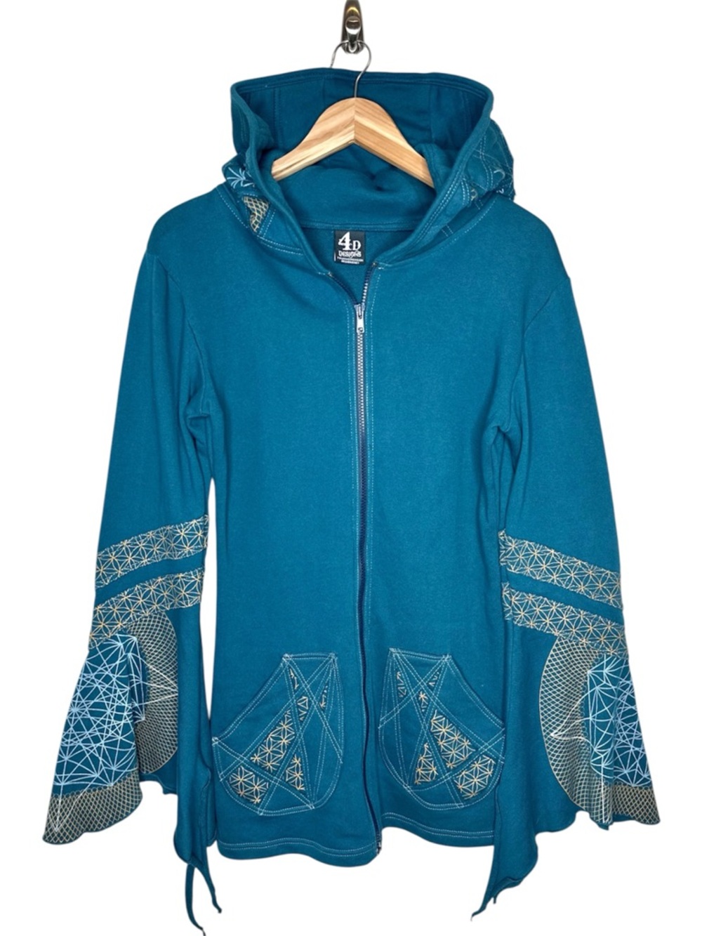 4D Designs Fourth Dimension Teal Hoodie SZ Medium Flare Sleeve Festival Fitted